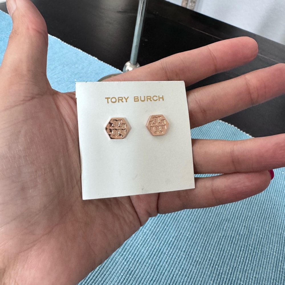 Tory Burch Rose Gold Hexagon Logo Stud Earrings